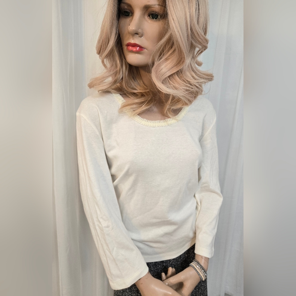 Liz Claiborne Cream Three Quarter Sleeve Scoop Neck Blouse With Ruffle Neckline.
